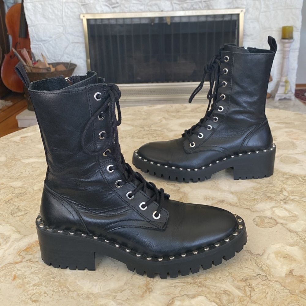 Zara Black Leather Military Lace Up Chunky Ankle Boots With Studs - Picture 7 of 14